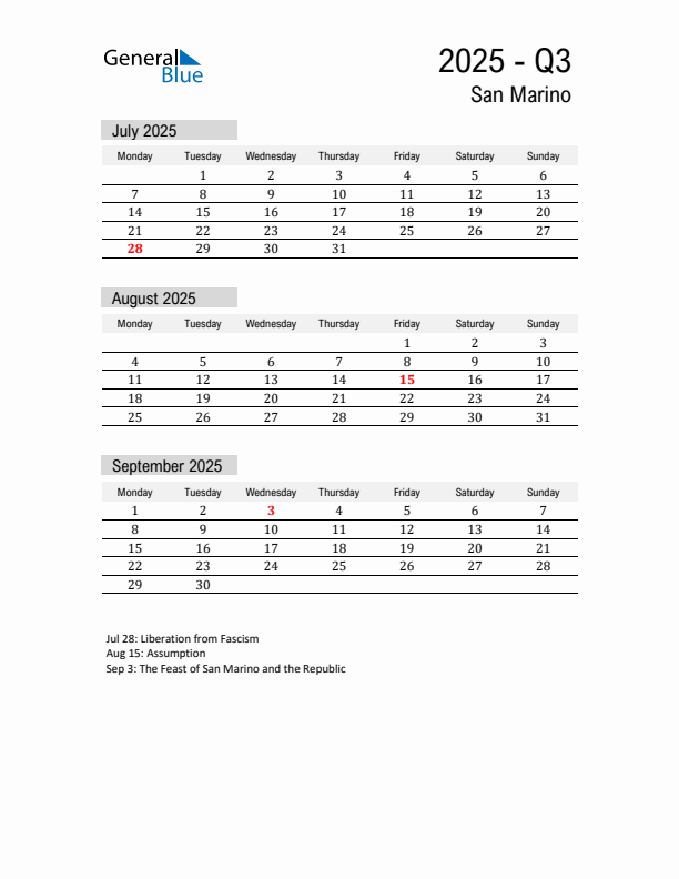 San Marino Quarter 3 2025 Calendar with Holidays