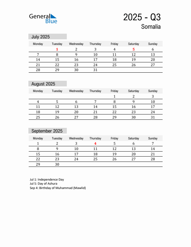 Somalia Quarter 3 2025 Calendar with Holidays