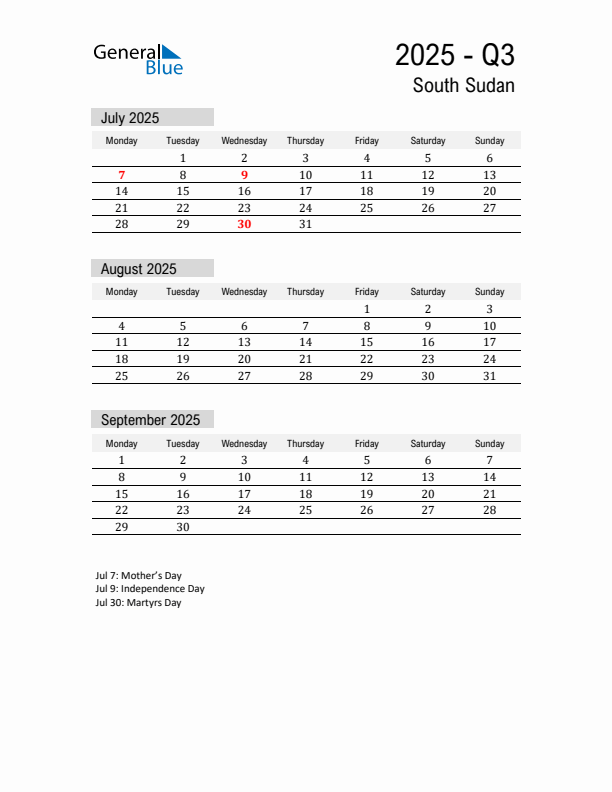 South Sudan Quarter 3 2025 Calendar with Holidays