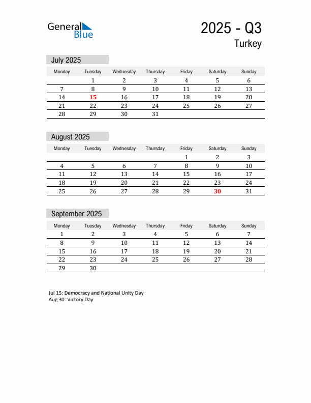 Turkey Quarter 3 2025 Calendar with Holidays