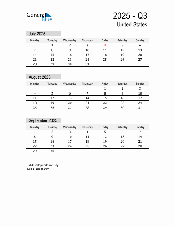 United States Quarter 3 2025 Calendar with Holidays