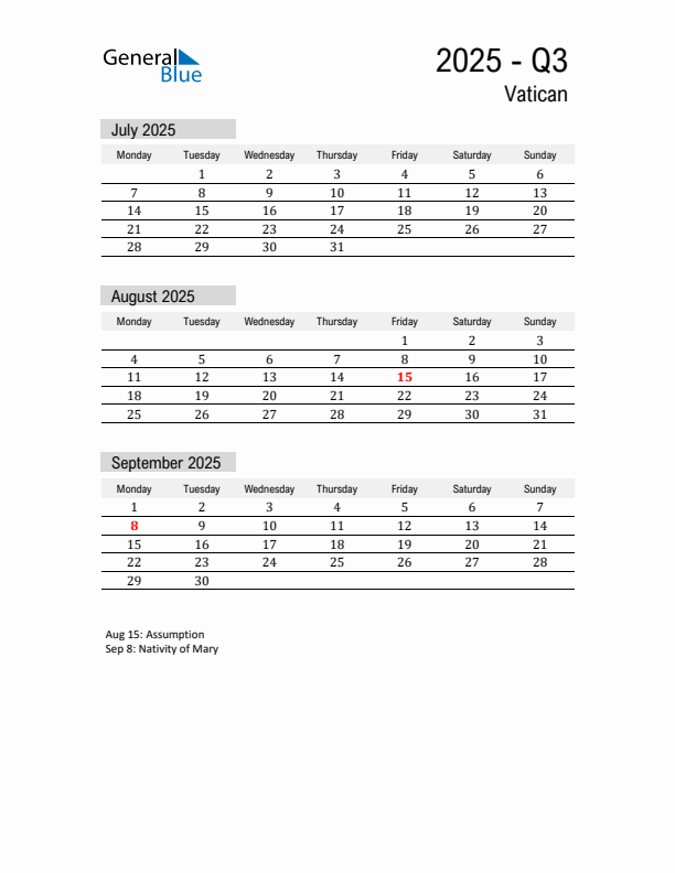 Vatican Quarter 3 2025 Calendar with Holidays