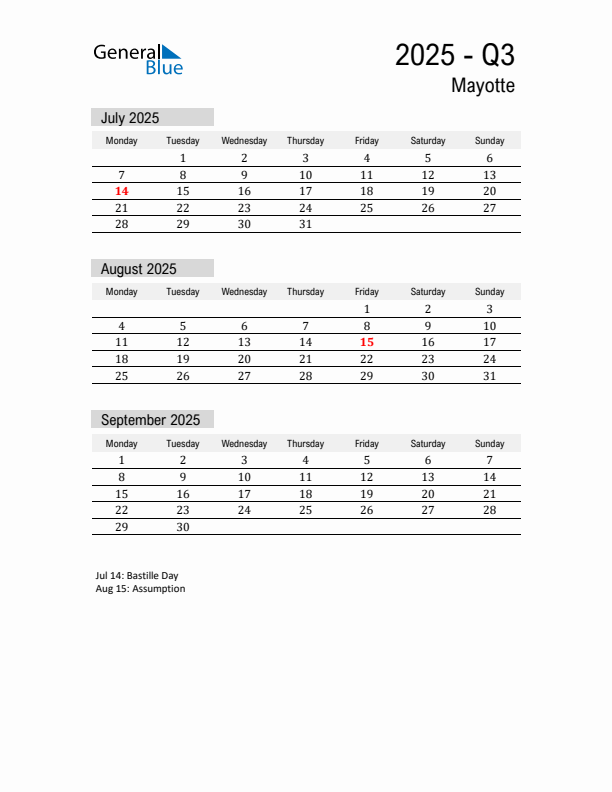 Mayotte Quarter 3 2025 Calendar with Holidays