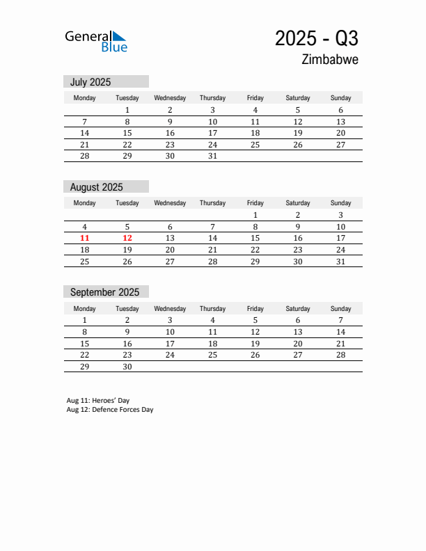 Zimbabwe Quarter 3 2025 Calendar with Holidays