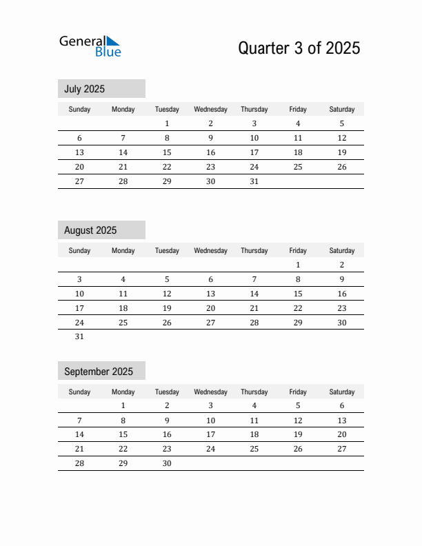 July, August, and September Calendar 2025