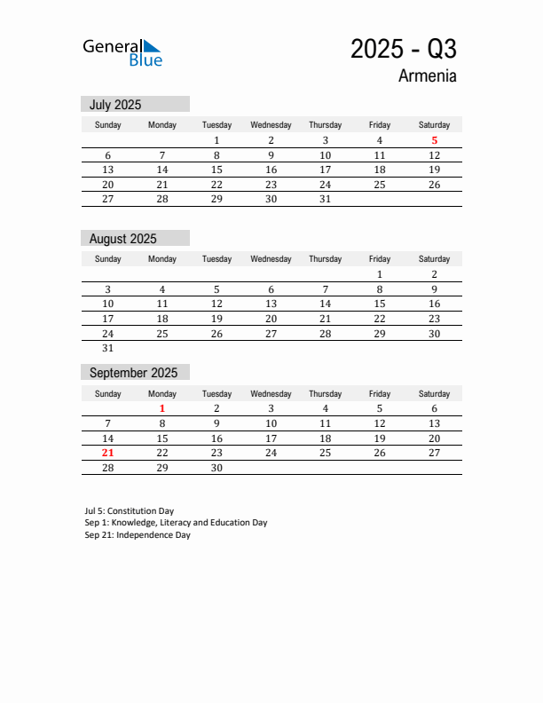 Armenia Quarter 3 2025 Calendar with Holidays