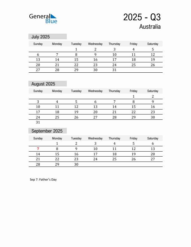 Australia Quarter 3 2025 Calendar with Holidays