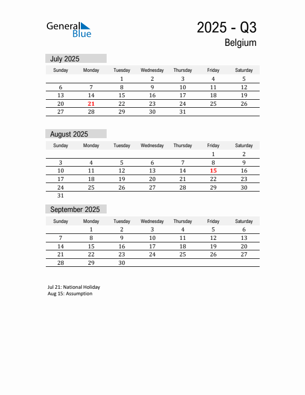 Belgium Quarter 3 2025 Calendar with Holidays