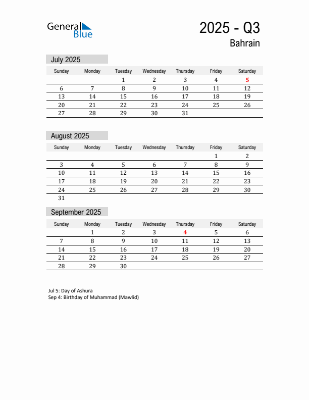 Bahrain Quarter 3 2025 Calendar with Holidays