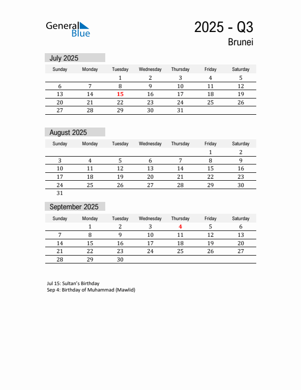 Brunei Quarter 3 2025 Calendar with Holidays