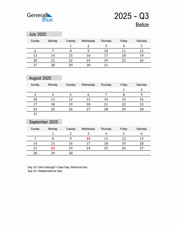 Belize Quarter 3 2025 Calendar with Holidays