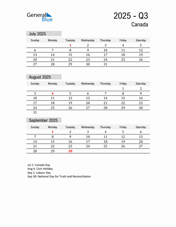 Canada Quarter 3 2025 Calendar with Holidays