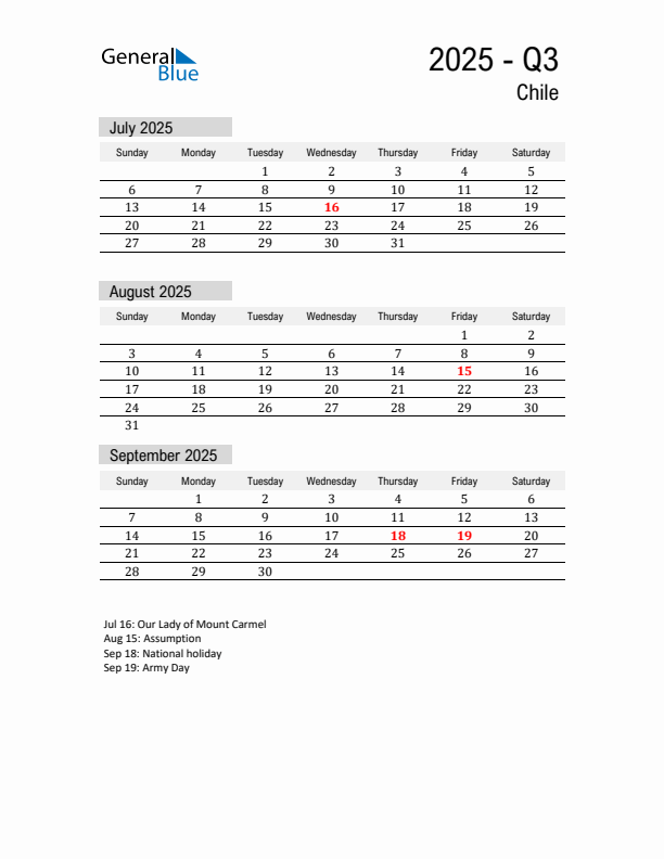 Chile Quarter 3 2025 Calendar with Holidays