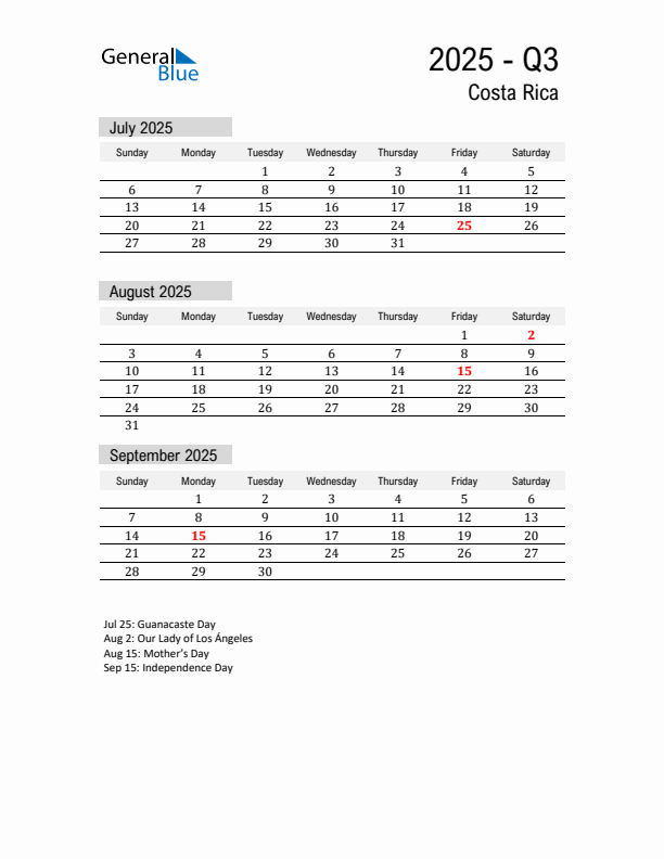 Costa Rica Quarter 3 2025 Calendar with Holidays