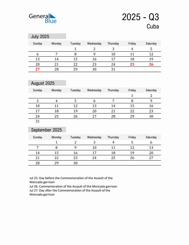 Cuba Quarter 3 2025 Calendar with Holidays