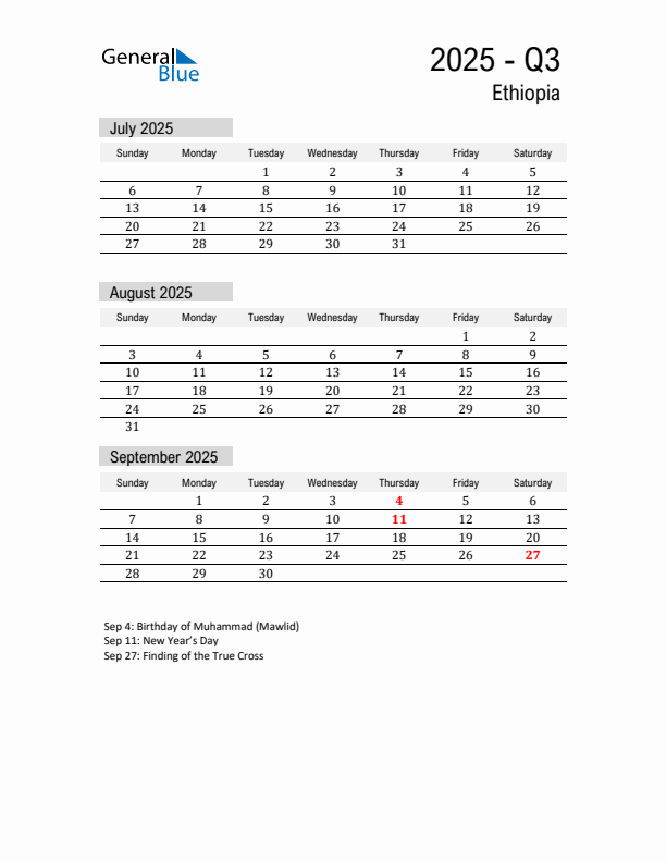 Ethiopia Quarter 3 2025 Calendar with Holidays