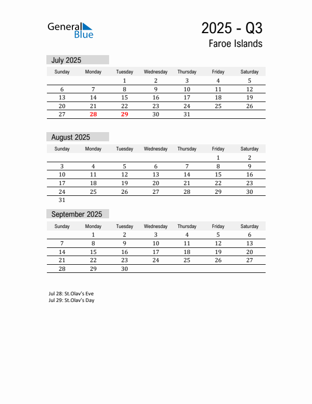 Faroe Islands Quarter 3 2025 Calendar with Holidays