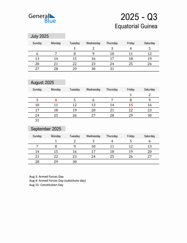 Equatorial Guinea Quarter 3 2025 Calendar with Holidays