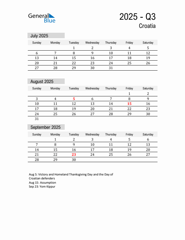 Croatia Quarter 3 2025 Calendar with Holidays