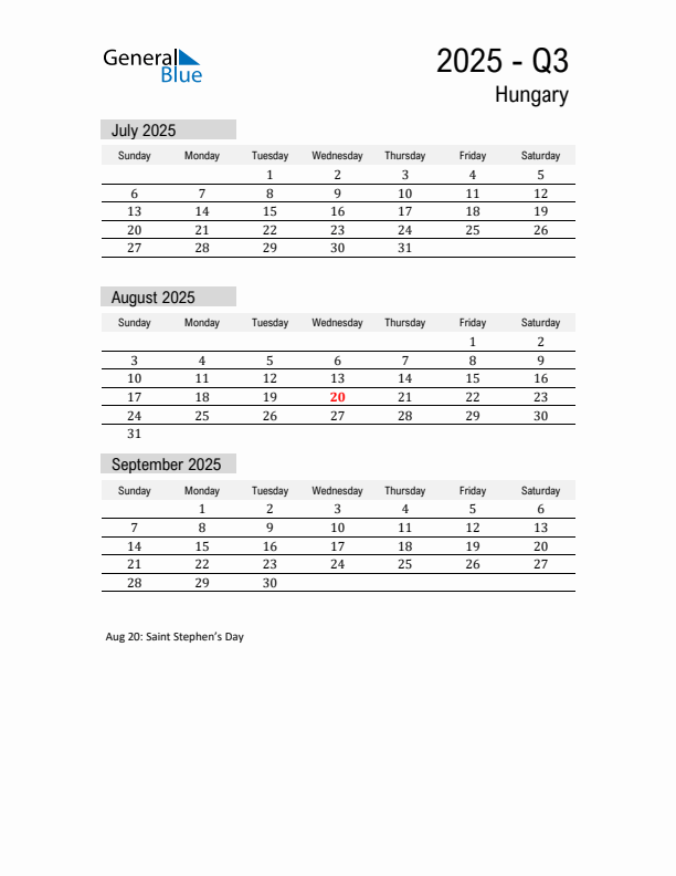 Hungary Quarter 3 2025 Calendar with Holidays