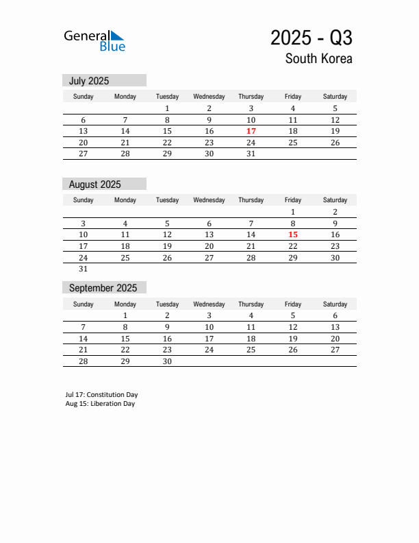 South Korea Quarter 3 2025 Calendar with Holidays