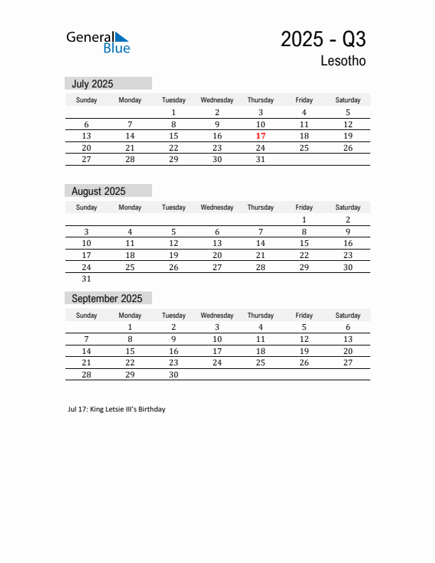 Lesotho Quarter 3 2025 Calendar with Holidays