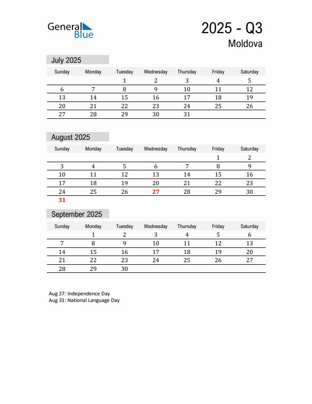 Moldova Quarter 3 2025 Calendar with Holidays