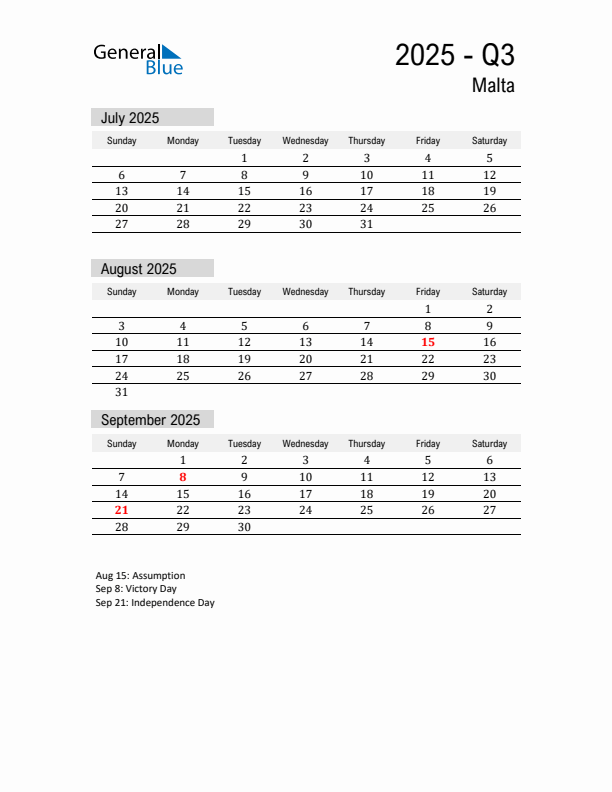 Malta Quarter 3 2025 Calendar with Holidays