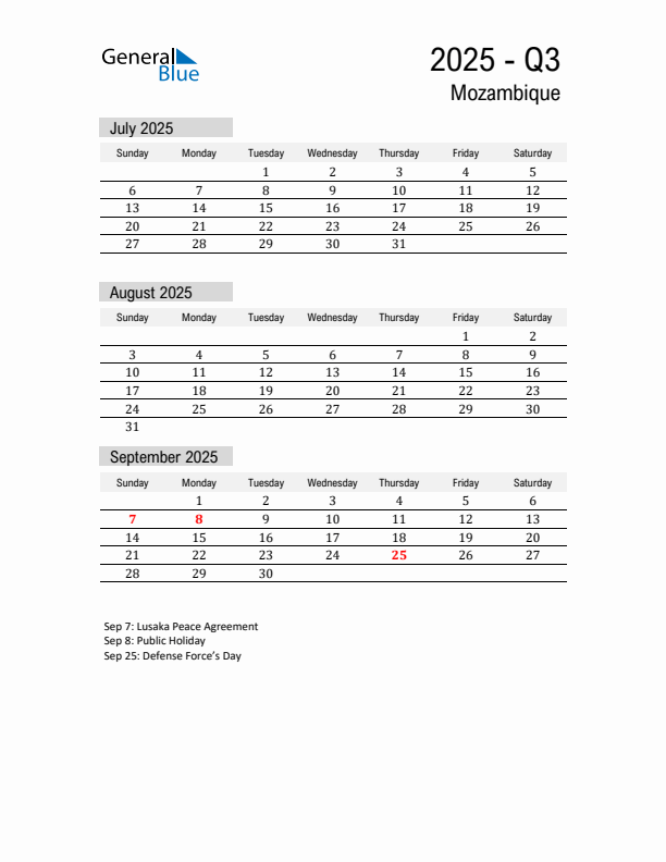 Mozambique Quarter 3 2025 Calendar with Holidays