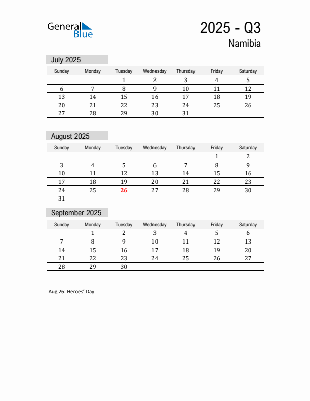 Namibia Quarter 3 2025 Calendar with Holidays