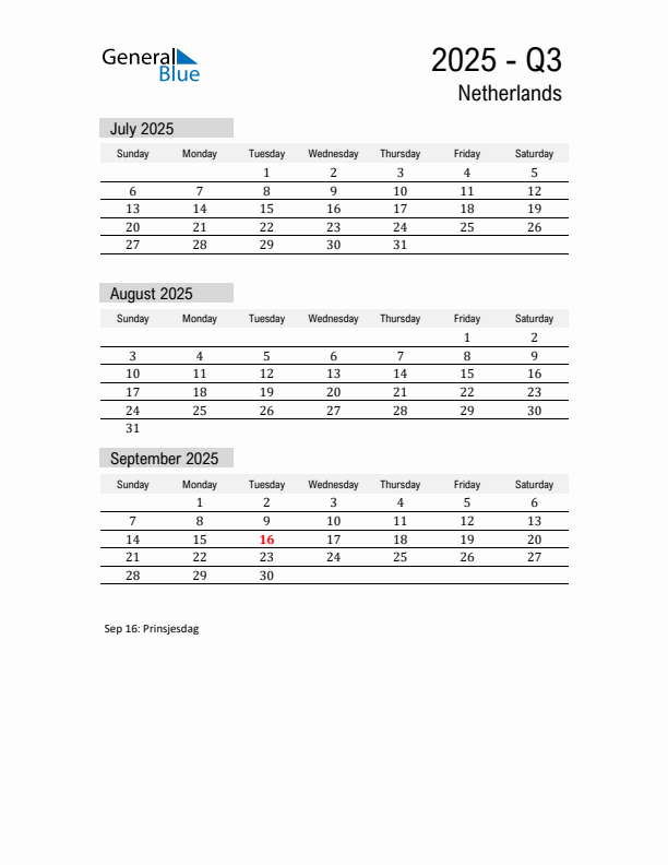 The Netherlands Quarter 3 2025 Calendar with Holidays