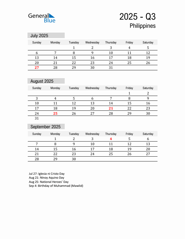 Philippines Quarter 3 2025 Calendar with Holidays