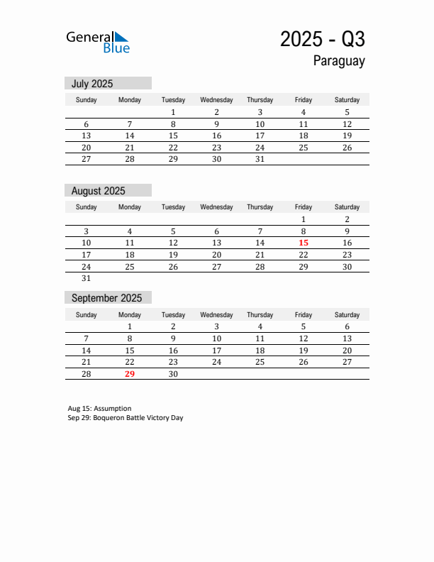 Paraguay Quarter 3 2025 Calendar with Holidays