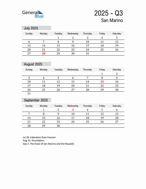 San Marino Quarter 3 2025 Calendar with Holidays