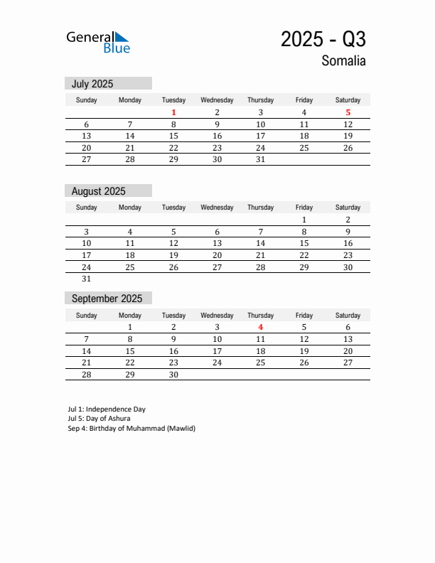 Somalia Quarter 3 2025 Calendar with Holidays