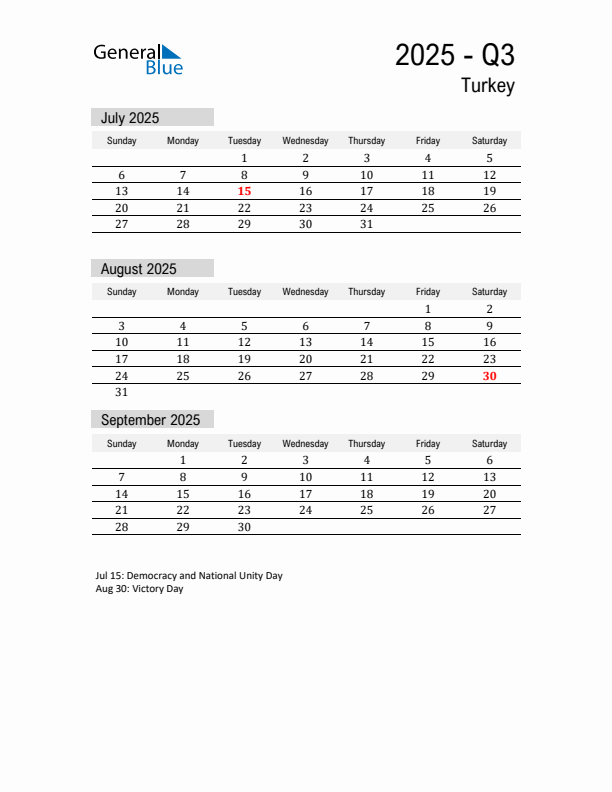 Turkey Quarter 3 2025 Calendar with Holidays