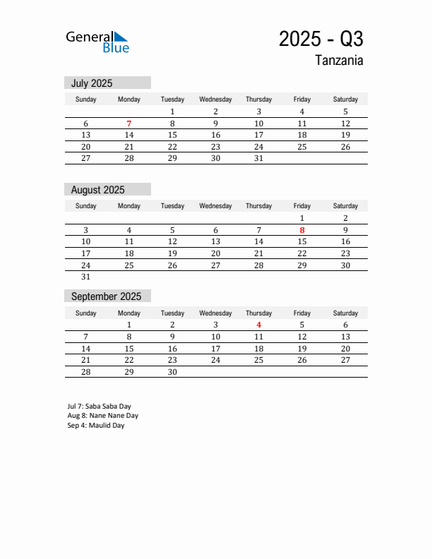 Tanzania Quarter 3 2025 Calendar with Holidays