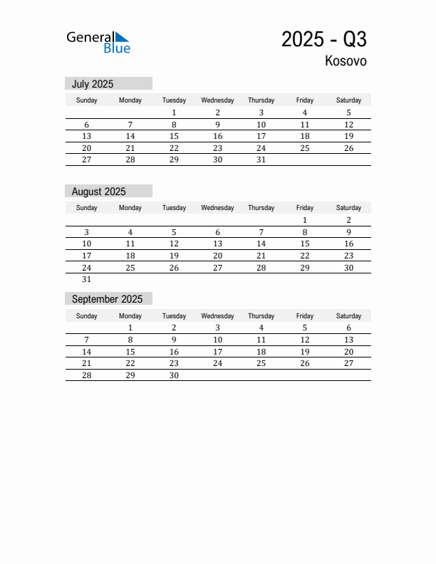 Kosovo Quarter 3 2025 Calendar with Holidays