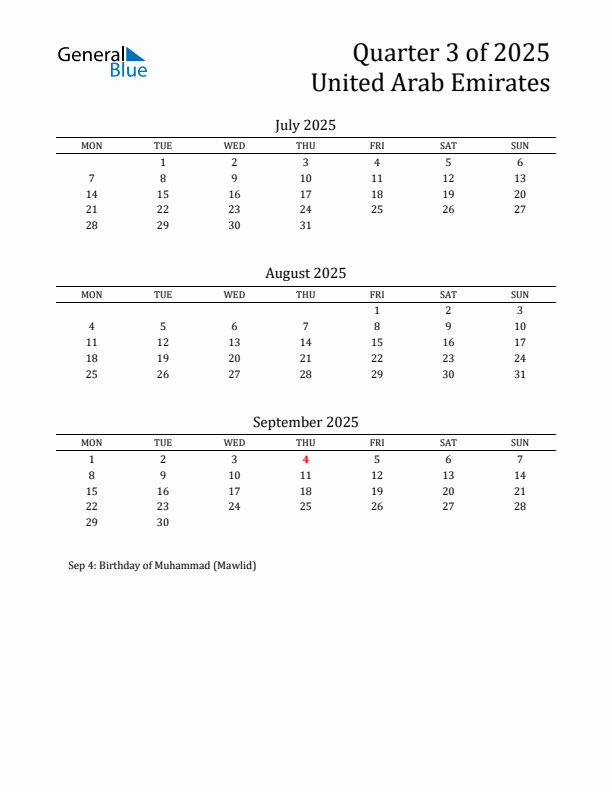 Quarter 3 2025 United Arab Emirates Quarterly Calendar