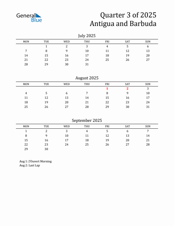 Quarter 3 2025 Antigua and Barbuda Quarterly Calendar