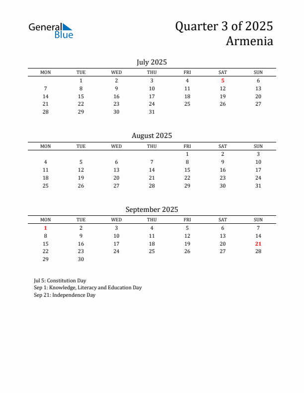 Quarter 3 2025 Armenia Quarterly Calendar