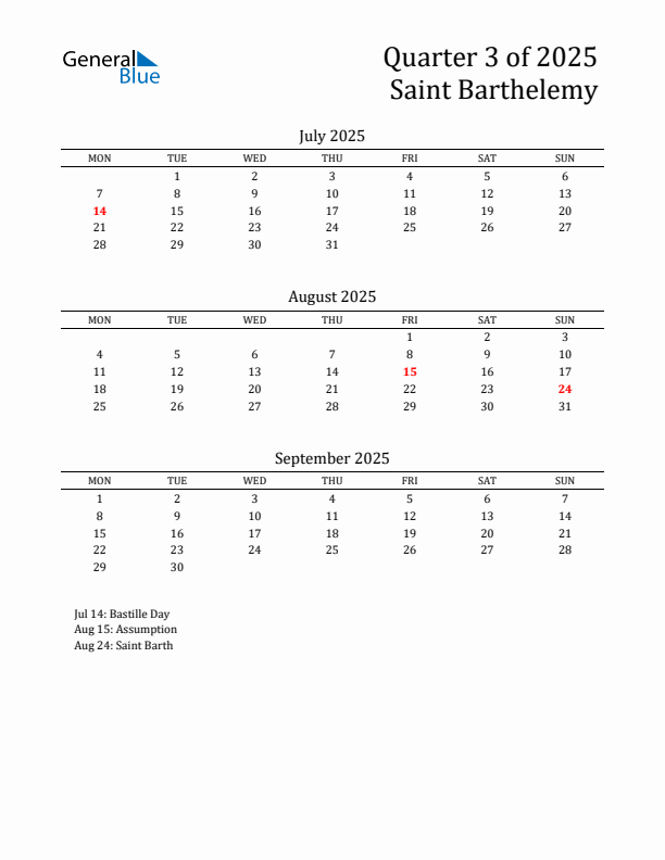 Quarter 3 2025 Saint Barthelemy Quarterly Calendar