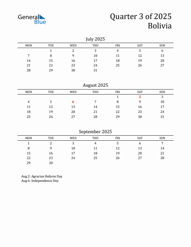 Quarter 3 2025 Bolivia Quarterly Calendar