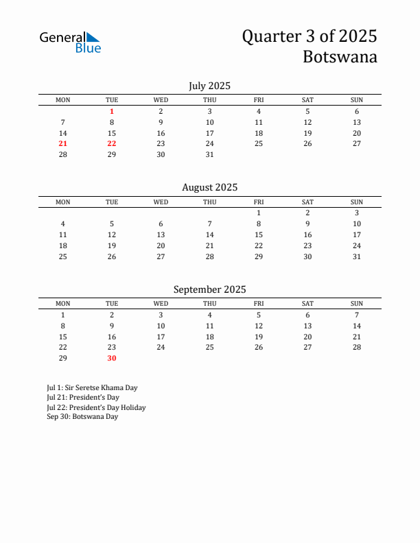 Quarter 3 2025 Botswana Quarterly Calendar