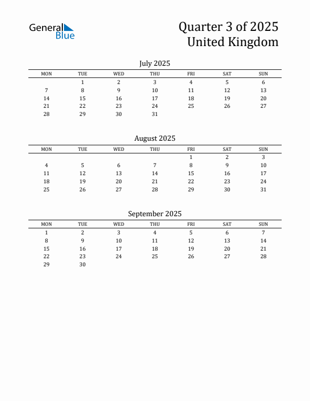 Quarter 3 2025 United Kingdom Quarterly Calendar