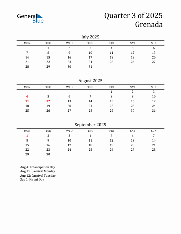 Quarter 3 2025 Grenada Quarterly Calendar