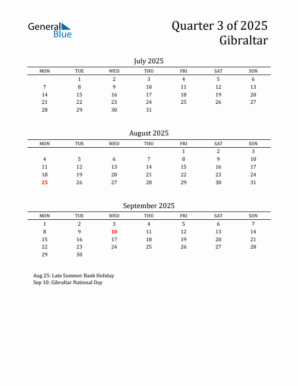 Quarter 3 2025 Gibraltar Quarterly Calendar