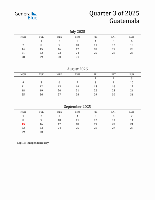 Quarter 3 2025 Guatemala Quarterly Calendar