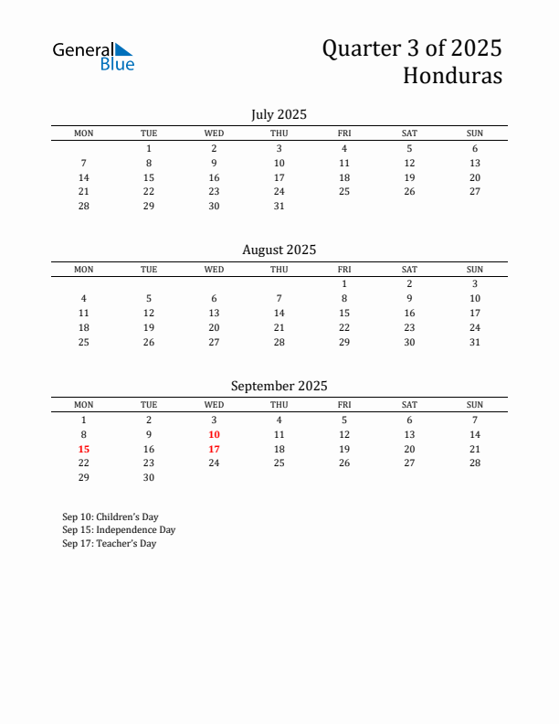 Quarter 3 2025 Honduras Quarterly Calendar