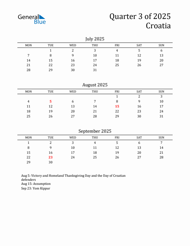 Quarter 3 2025 Croatia Quarterly Calendar